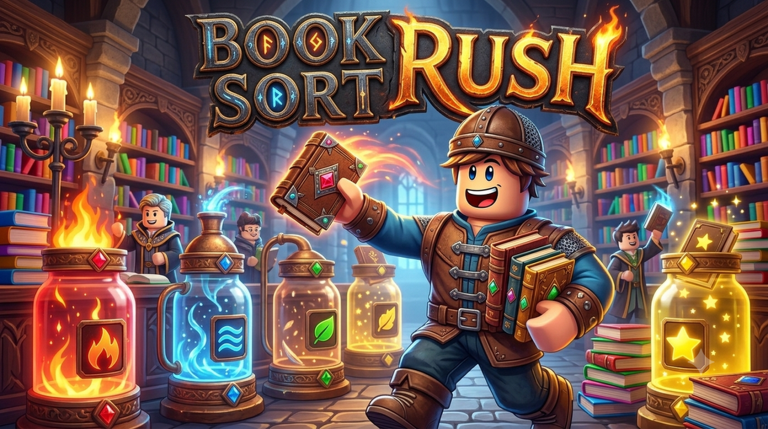 Book Sort Rush key art: a Roblox librarian dashing through a magical library with an armful of enchanted books